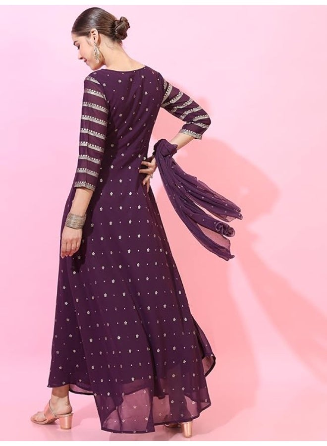 Vishudh Women's  Dress & Dupatta Set | Ready-to-Wear Indian Outfit for Women | Coordinate Fashion for Indian Celebrations Polyester  M PURPLE - Image 4