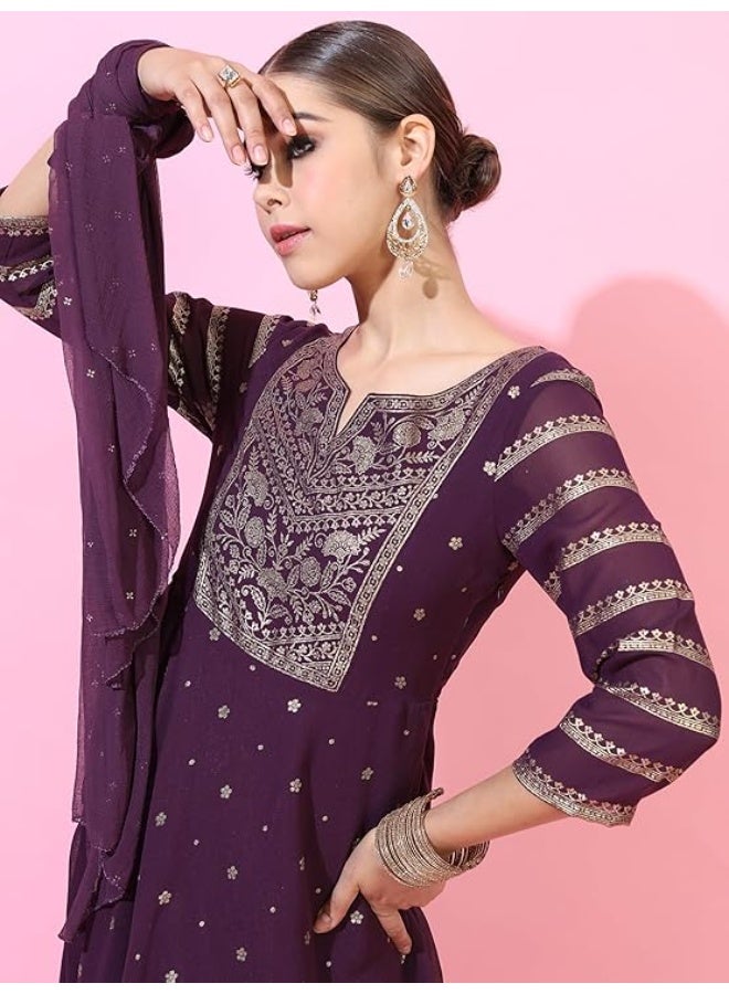 Vishudh Women's  Dress & Dupatta Set | Ready-to-Wear Indian Outfit for Women | Coordinate Fashion for Indian Celebrations Polyester  M PURPLE - Image 3