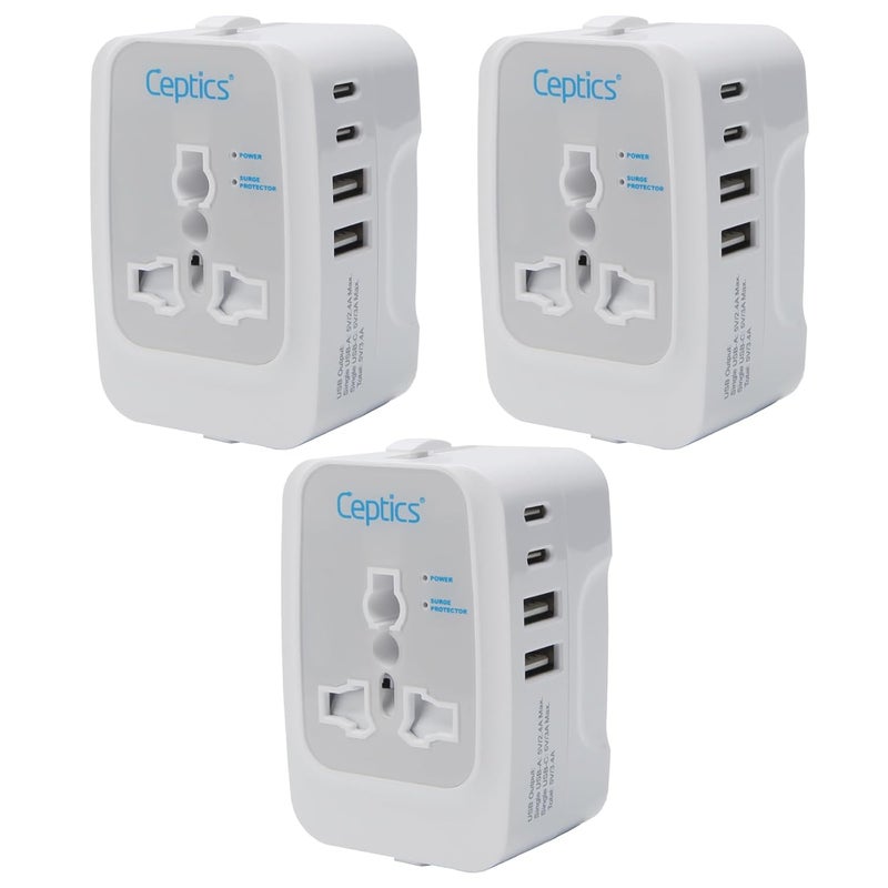 Ceptics Travel Adapter India to Europe USA UK Australia Africa Chile Italy UAE World Travel Plug Adapter Safe Compact Powerful USB Adapter Universal Travel Adapter with Type C 3Pack - Image 1