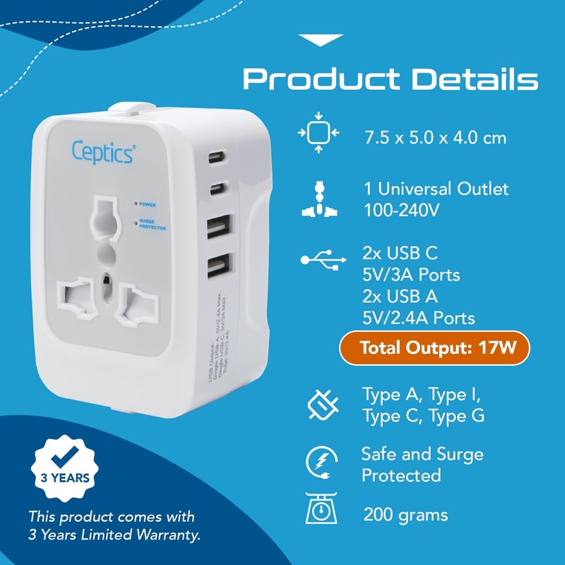 Ceptics Travel Adapter India to Europe USA UK Australia Africa Chile Italy UAE World Travel Plug Adapter Safe Compact Powerful USB Adapter Universal Travel Adapter with Type C 3Pack - Image 5