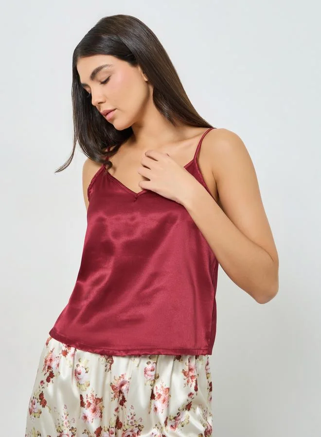 Take Two Burgundy Satin Cami Top and Floral Pyjama Set