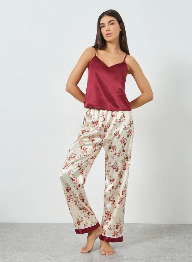 Take Two Burgundy Satin Cami Top and Floral Pyjama Set