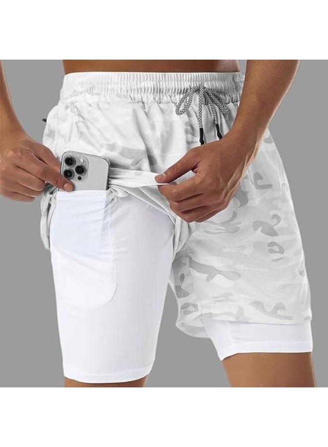 VITION Gym Shorts for Men, Men's Activewear Running Shorts,Drawstring Gym Shorts Men, 2 Layer Loose Athletic Shorts with 4 Pockets (Medium, White Camouflage) - Image 2