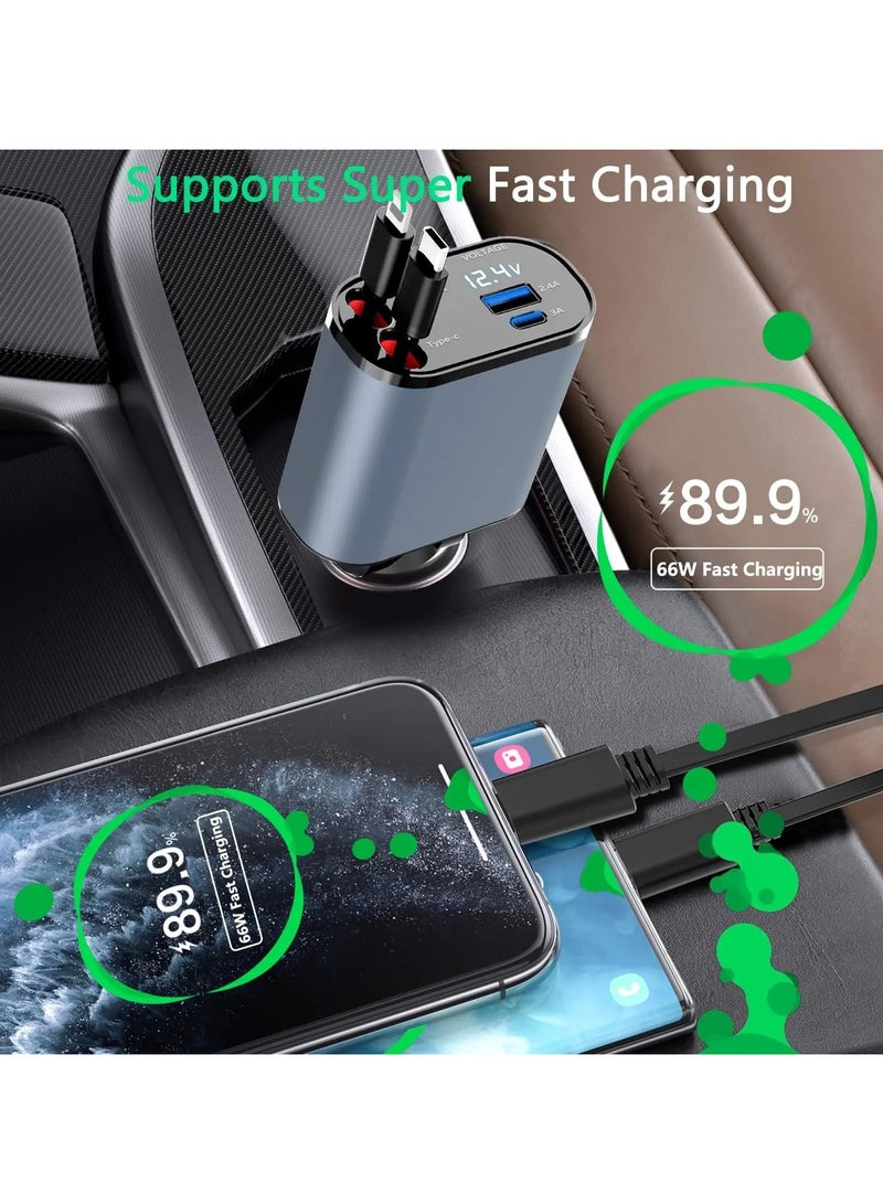 Retractable Car Charger, 4 in 1 Super Fast Charger Car Phone Charger,Retractable Cables (31.5 inch) and 2 USB Ports Car Charger Adapter for iPhone 15/14/13/12 Pro Max XR,iPad,Samsung,Pixel