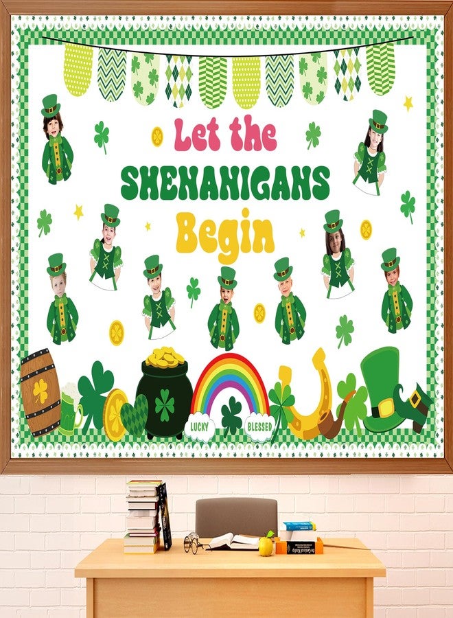OBUSATT St. Patrick's Day Bulletin Board Decorations Set Leprechaun DIY Photo Craft Cutouts Green Lucky Shamrock Rainbow Irish Classroom Decoration for Holiday Party School Home Office Chalkboard Wall Decor - Image 1
