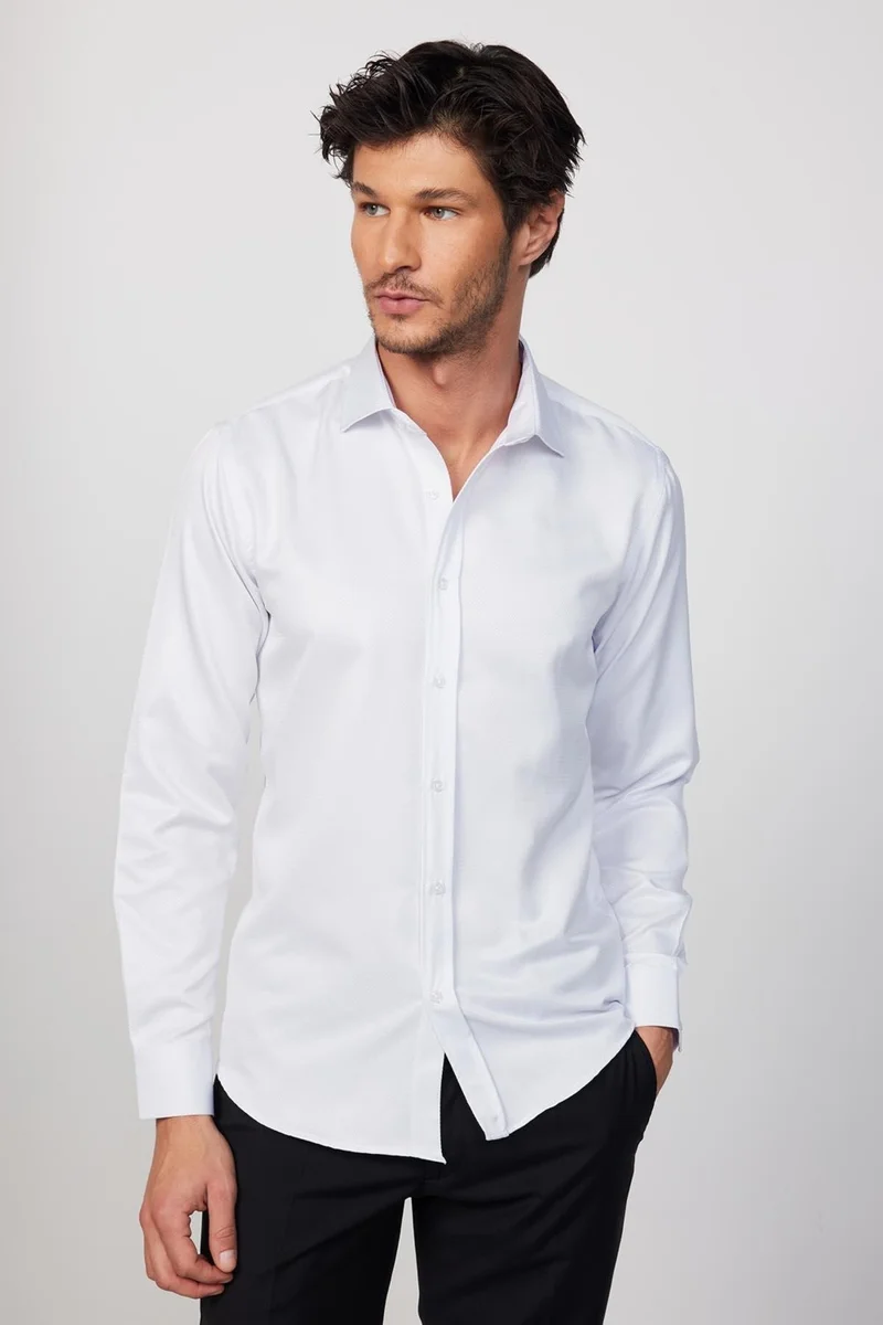 تودورس Modern Slim Fit Cotton Easy-Iron Dobby White Men's Shirt