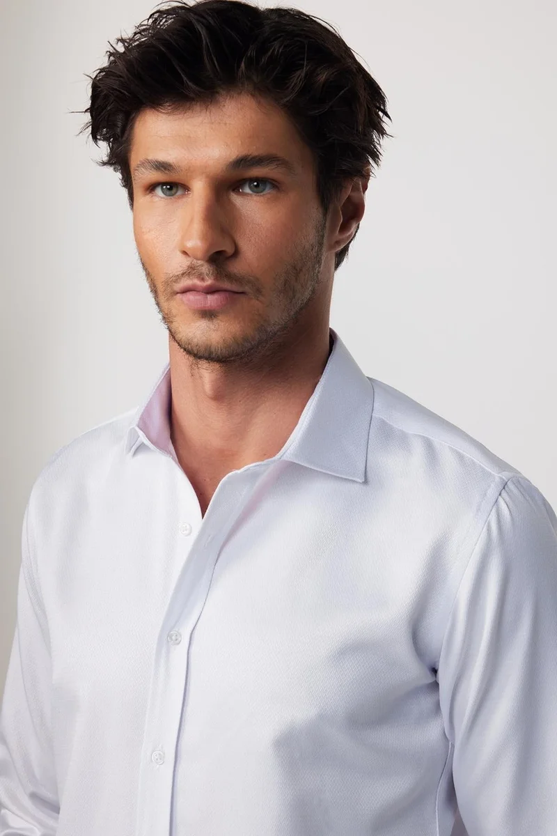 تودورس Modern Slim Fit Cotton Easy-Iron Dobby White Men's Shirt