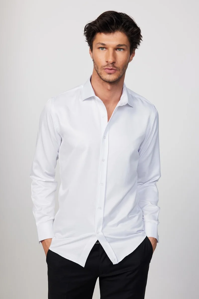 تودورس Modern Slim Fit Cotton Easy-Iron Dobby White Men's Shirt