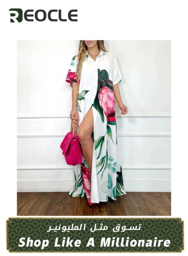 REOCLE Women's Casual Button Front Maxi Shirt Dress with fashion print Summer Casual Dress Short Sleeve Button Down Shirt Dress  - Image 1