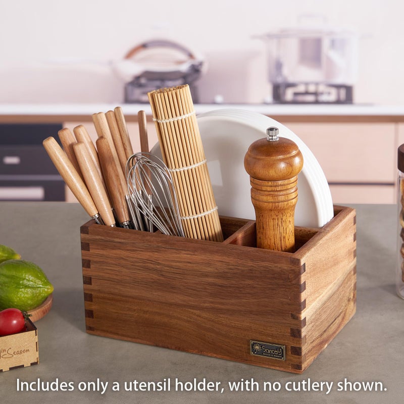 SANOSY Acacia Wood Utensil Holder, Paper Plate Dispenser Organizer for Countertop - 4 Compartment Silverware Caddy for Friendsgiving Party - Cutlery Holder for Cup, Fork, Spoon, Kitchen, Camping, Buffet - Image 5