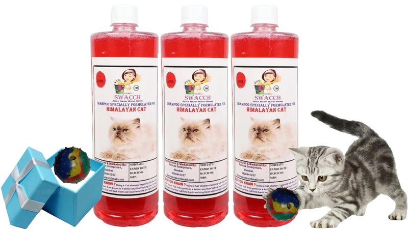swacch Himalayan Cat Shampoo + Rubber Musical Ball I Chew Playing Rubber Ball I Interactive Cat Toy Balls I Training & Play I Combo Pack I 1 Litre Pack of 3 Strawberry - Image 1