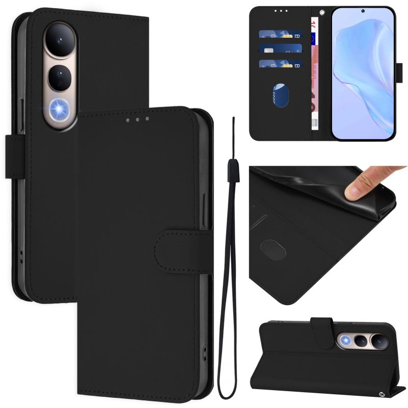 BURAQ Case Cover For vivo V50 Lite 5G Skin Feel Solid Color Leather Phone Case with Lanyard(Black) - Image 1