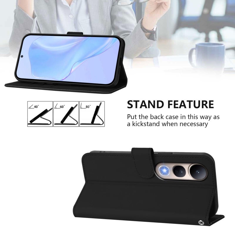 BURAQ Case Cover For vivo V50 Lite 5G Skin Feel Solid Color Leather Phone Case with Lanyard(Black) - Image 3