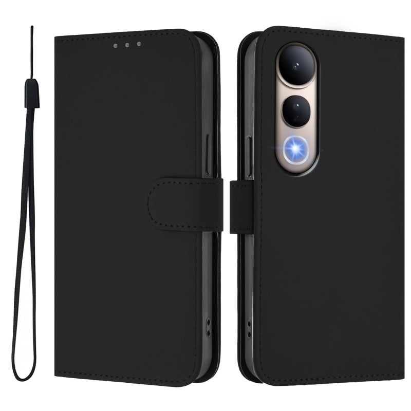 BURAQ Case Cover For vivo V50 Lite 5G Skin Feel Solid Color Leather Phone Case with Lanyard(Black) - Image 2