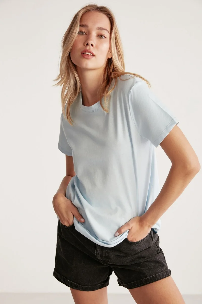 GRIMELANGE Samantha Women's Comfort Fit 100% Organic Cotton Basic Knitted Light Blue T-shirt