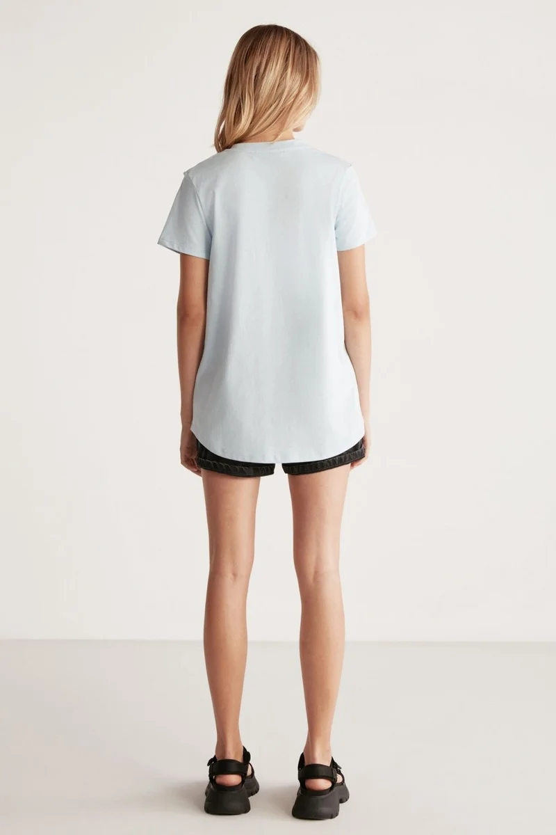 GRIMELANGE Samantha Women's Comfort Fit 100% Organic Cotton Basic Knitted Light Blue T-shirt