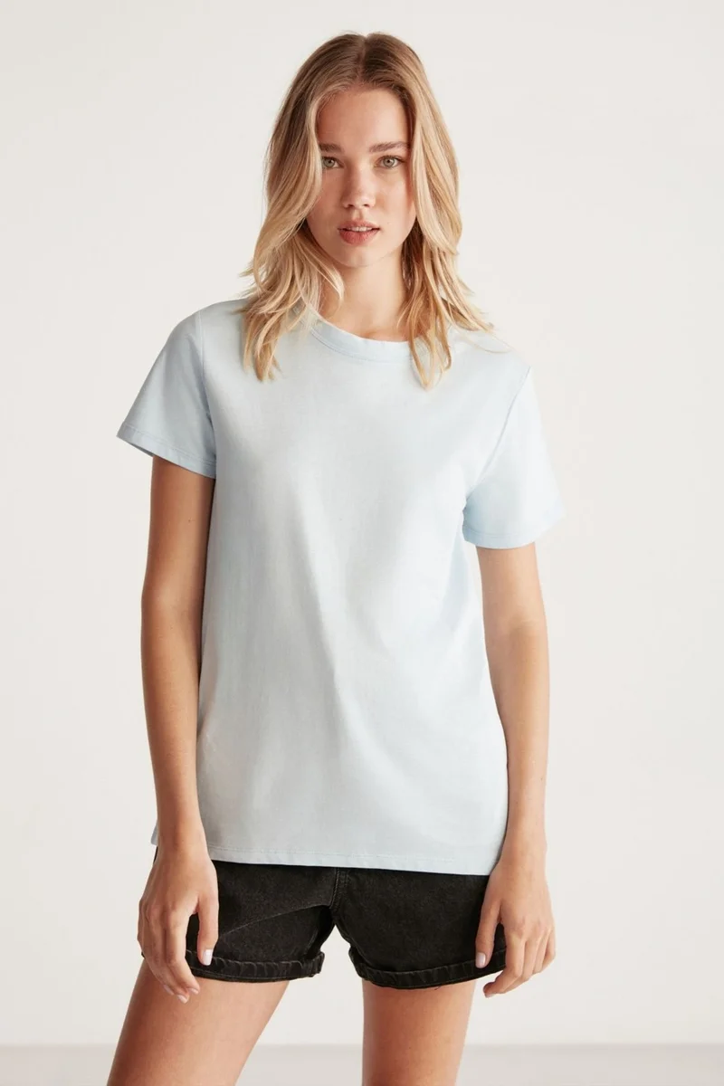 GRIMELANGE Samantha Women's Comfort Fit 100% Organic Cotton Basic Knitted Light Blue T-shirt