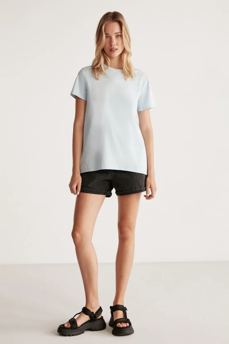 GRIMELANGE Samantha Women's Comfort Fit 100% Organic Cotton Basic Knitted Light Blue T-shirt