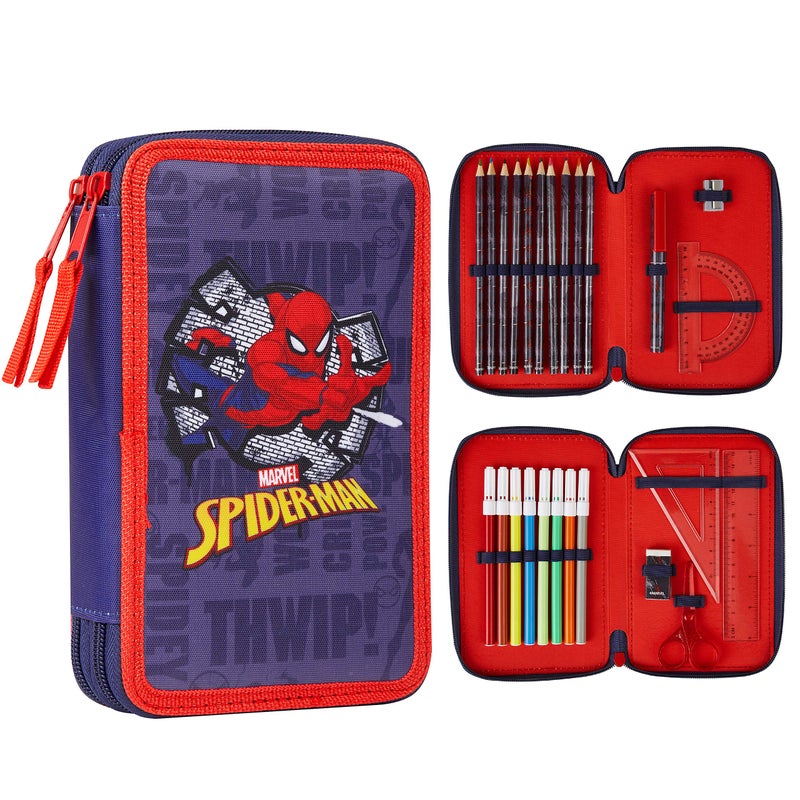 Marvel Pencil Case with Stationery Included School Supplies Filled Large Pencil Case Multiple Compartments Colouring Pencils Pens Boys Stationery Set Gifts for Boys Spiderman Double Zip