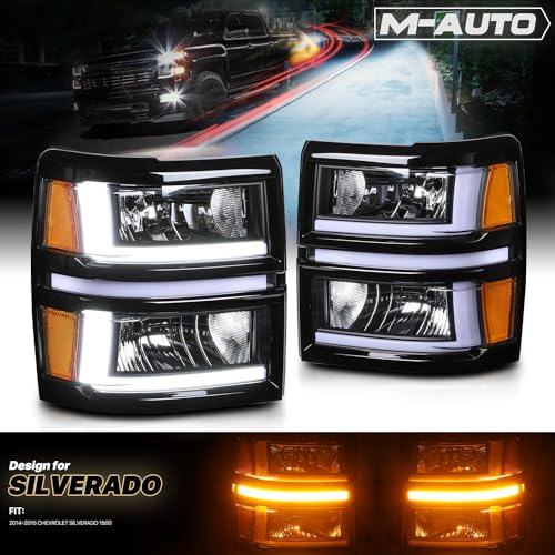 M-AUTO Driver and Passenger Side Headlight w/LED DRL Compatible with 2014-2015 Chevy Silverado 1500, Black Housing Amber Corner Left and Right Pair Headlamps Assembly - Image 2