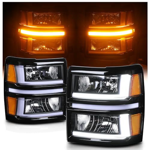 M-AUTO Driver and Passenger Side Headlight w/LED DRL Compatible with 2014-2015 Chevy Silverado 1500, Black Housing Amber Corner Left and Right Pair Headlamps Assembly - Image 1