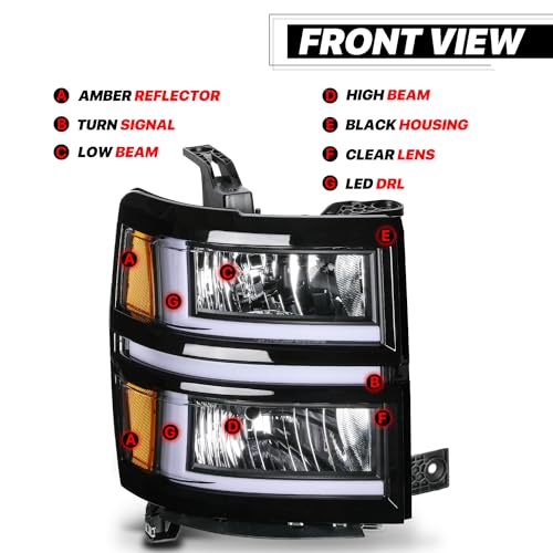 M-AUTO Driver and Passenger Side Headlight w/LED DRL Compatible with 2014-2015 Chevy Silverado 1500, Black Housing Amber Corner Left and Right Pair Headlamps Assembly - Image 3