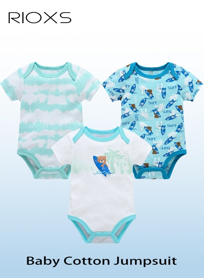 RIOXS Baby Boys Girls Onepiece Romper Sets 3pcs Summer Baby Bodysuit Half Sleeves Romper Sleep Suit Sets for Baby Made from Lightweight Breathable and Soft Cotton Fabric  - Image 1