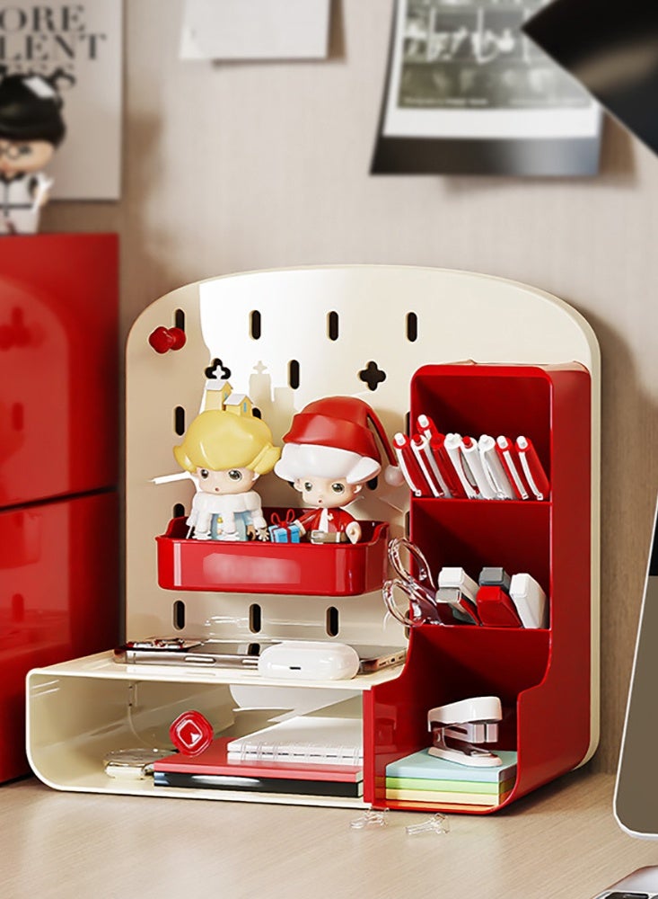 Pen/Pencil Holder, Plastic Desk Organizer with Drawer & Pegboard for Stationary, Office Supplies, Desk Accessories, Multiple Compartments Desktop Organizer for Home School Office, TC-1001 (Red) - Image 1