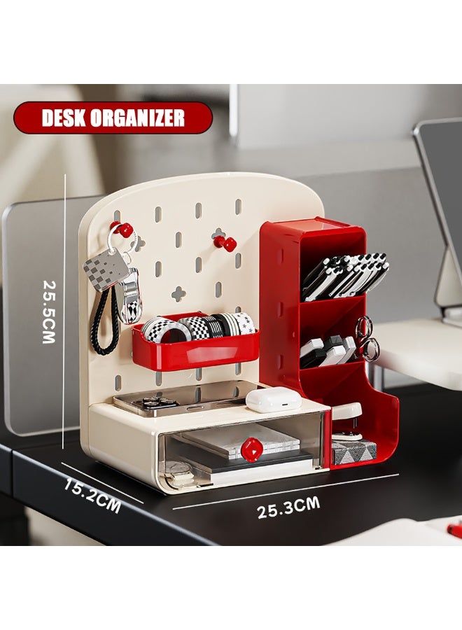 Pen/Pencil Holder, Plastic Desk Organizer with Drawer & Pegboard for Stationary, Office Supplies, Desk Accessories, Multiple Compartments Desktop Organizer for Home School Office, TC-1001 (Red) - Image 2