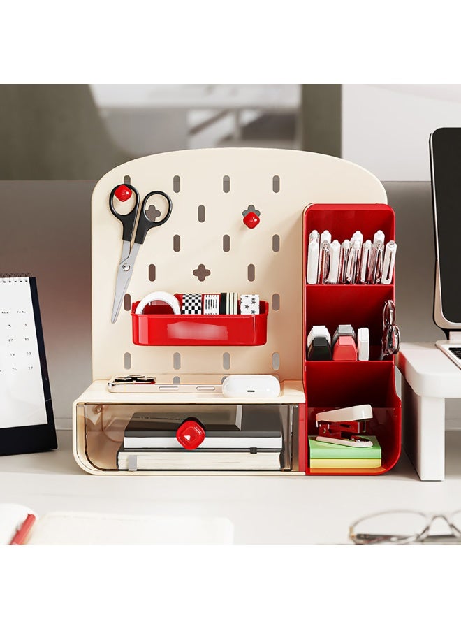 Pen/Pencil Holder, Plastic Desk Organizer with Drawer & Pegboard for Stationary, Office Supplies, Desk Accessories, Multiple Compartments Desktop Organizer for Home School Office, TC-1001 (Red) - Image 5