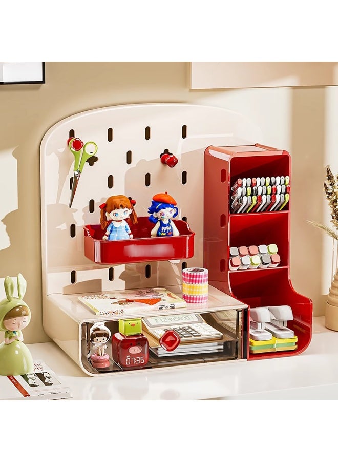 Pen/Pencil Holder, Plastic Desk Organizer with Drawer & Pegboard for Stationary, Office Supplies, Desk Accessories, Multiple Compartments Desktop Organizer for Home School Office, TC-1001 (Red) - Image 3