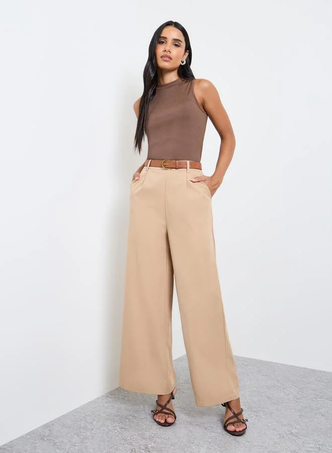 تايك تو Brown Ribbed Top and Wide Leg Pants Co-Ord Set