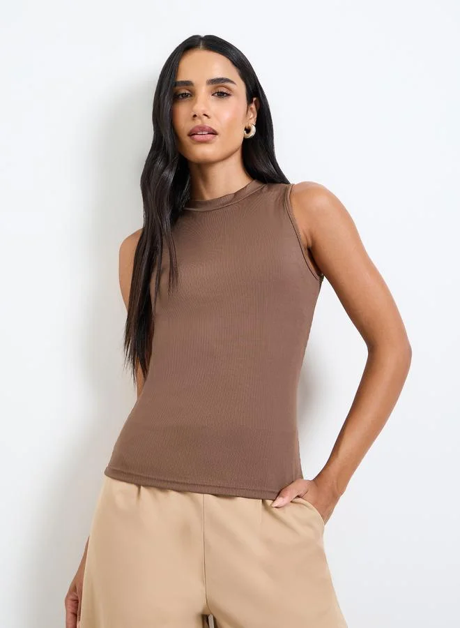 تايك تو Brown Ribbed Top and Wide Leg Pants Co-Ord Set