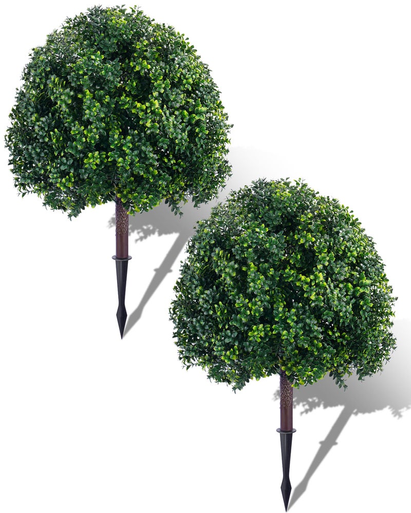 FONYICK 28 Inch Artificial Boxwood Trees, 2 Sets Faux Boxwood Topiary with Spikes, Pot Filler Fake Shrubs Plants for Outdoor Planters, Round Topiary Bush Balls Front Porch Home Garden Spring Decor - Image 1