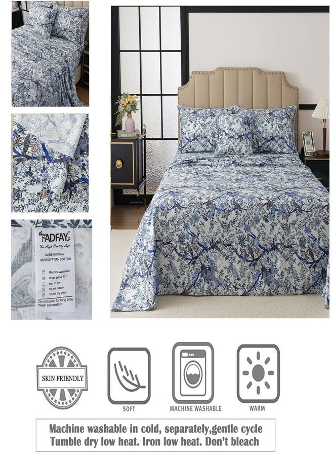 فادفاي طقم ملاءات سرير FADFAY مقاس كينج، بنقشة زهور وطيور نباتية، لون أزرق عتيق، مناسب لغرف النوم الريفية، مصنوع من القطن المصري 100%، ناعم ومريح، بجيب عميق 17.7 بوصة، 4 قطع، مقاس كينج - Image 3