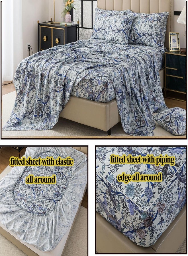 فادفاي طقم ملاءات سرير FADFAY مقاس كينج، بنقشة زهور وطيور نباتية، لون أزرق عتيق، مناسب لغرف النوم الريفية، مصنوع من القطن المصري 100%، ناعم ومريح، بجيب عميق 17.7 بوصة، 4 قطع، مقاس كينج - Image 4
