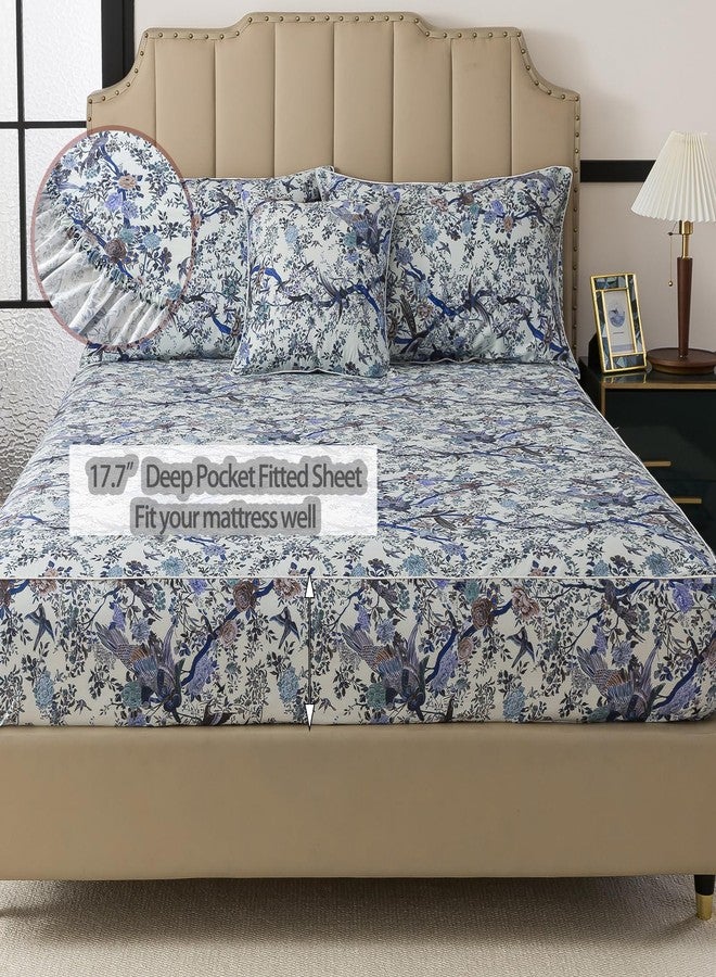 فادفاي طقم ملاءات سرير FADFAY مقاس كينج، بنقشة زهور وطيور نباتية، لون أزرق عتيق، مناسب لغرف النوم الريفية، مصنوع من القطن المصري 100%، ناعم ومريح، بجيب عميق 17.7 بوصة، 4 قطع، مقاس كينج - Image 5