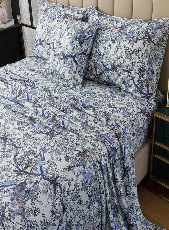 فادفاي طقم ملاءات سرير FADFAY مقاس كينج، بنقشة زهور وطيور نباتية، لون أزرق عتيق، مناسب لغرف النوم الريفية، مصنوع من القطن المصري 100%، ناعم ومريح، بجيب عميق 17.7 بوصة، 4 قطع، مقاس كينج - Image 2