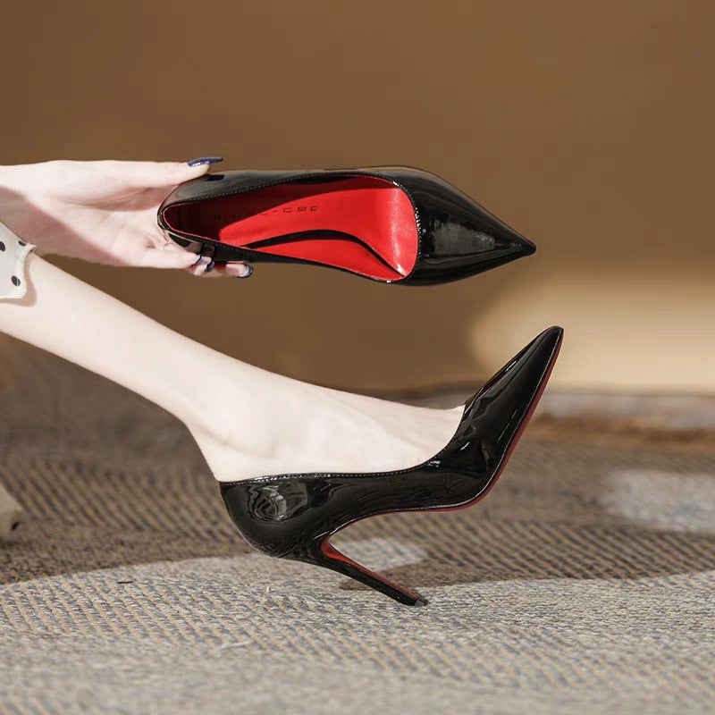 Red Bottom High Heels Women'S Professional Stiletto Heel 2023 New Spring Black Patent Leather Side Empty Pointed Socialite - Image 1
