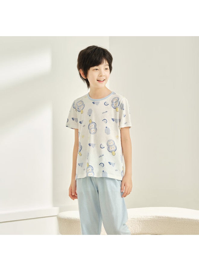 Hodo Children's Cotton Pajamas Short Sleeve Set Boys And Girls Summer Thin Air Conditioning Clothes J3357 Light Blue 130 - Image 3