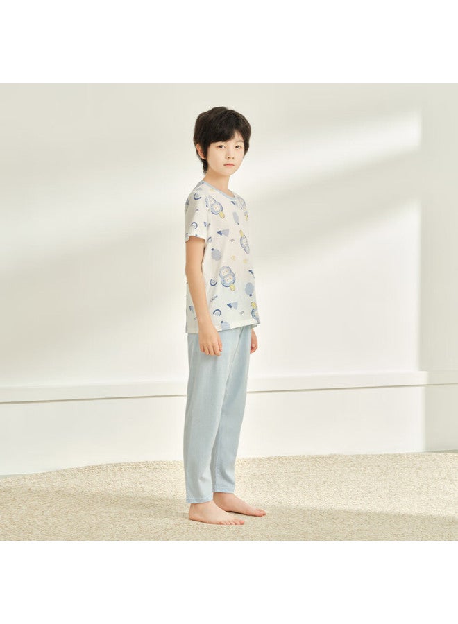 Hodo Children's Cotton Pajamas Short Sleeve Set Boys And Girls Summer Thin Air Conditioning Clothes J3357 Light Blue 130 - Image 1