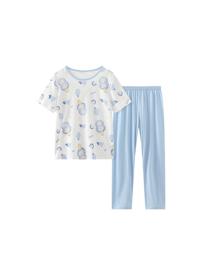 Hodo Children's Cotton Pajamas Short Sleeve Set Boys And Girls Summer Thin Air Conditioning Clothes J3357 Light Blue 130 - Image 4