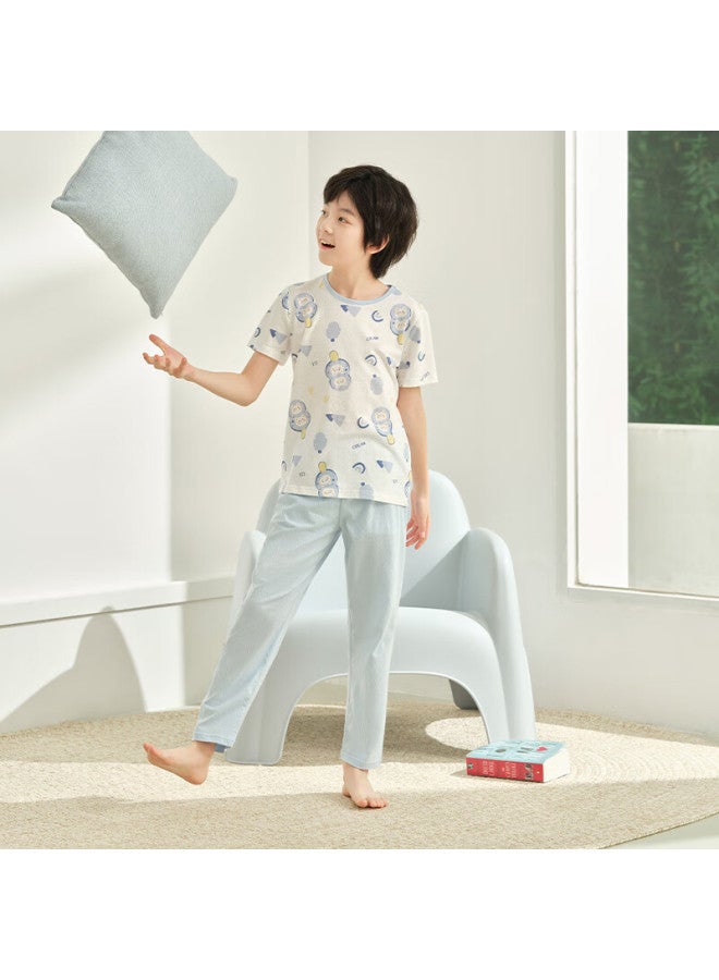 Hodo Children's Cotton Pajamas Short Sleeve Set Boys And Girls Summer Thin Air Conditioning Clothes J3357 Light Blue 130 - Image 2