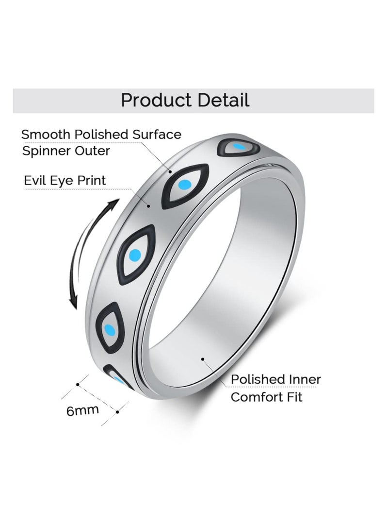 Zikra Anxiety Ring for Women, Spinner Ring, Titanium Stainless Steel Fidget Ring, Men 6mm Width With Blue Evil Eye Pattern, Spinner Ring for Anxiety Relief Fidget, Spinning Outer Band (Size:9) - Image 4