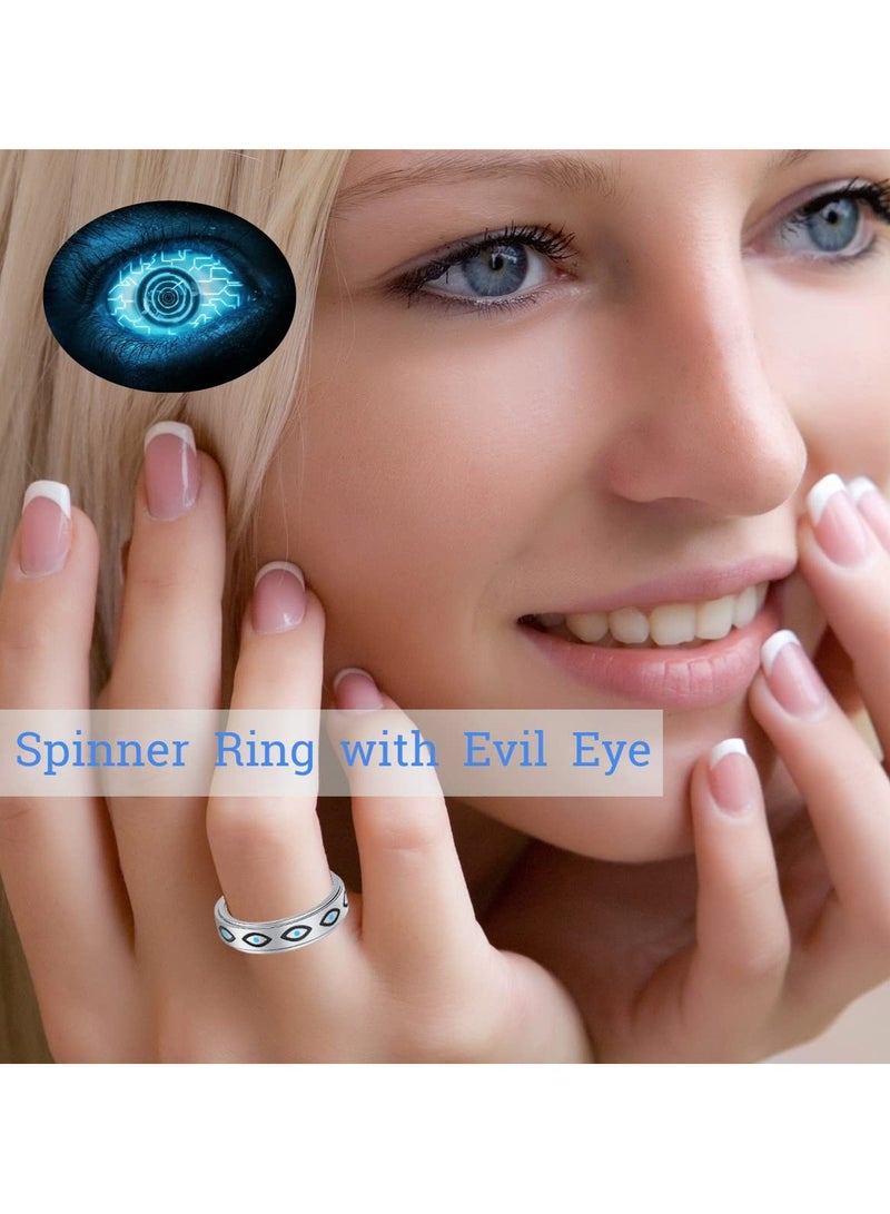 Zikra Anxiety Ring for Women, Spinner Ring, Titanium Stainless Steel Fidget Ring, Men 6mm Width With Blue Evil Eye Pattern, Spinner Ring for Anxiety Relief Fidget, Spinning Outer Band (Size:9) - Image 2