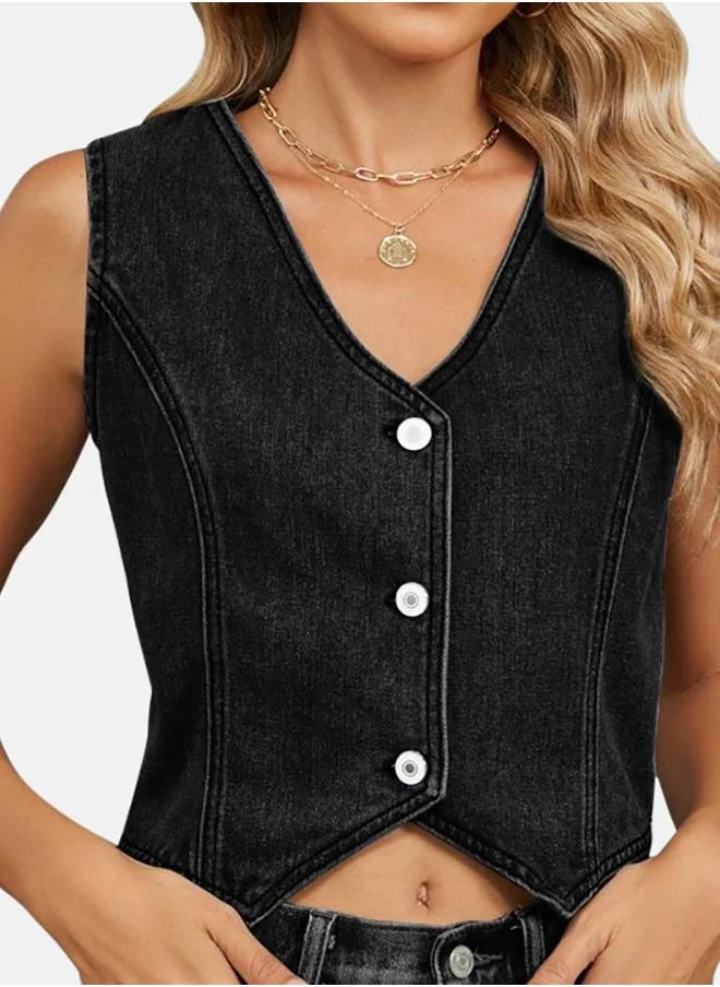 يونيكي Black Collared Sleeveless Jackets