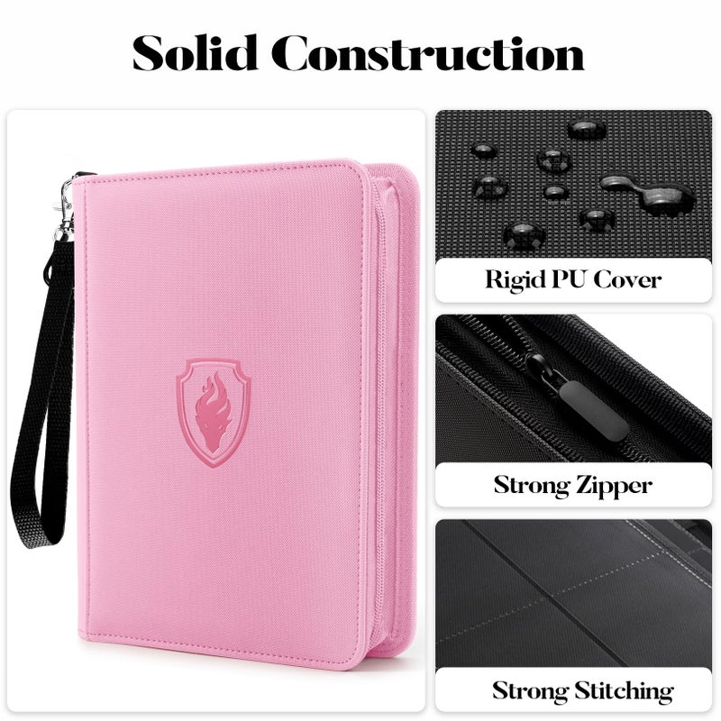 Fabmaker Premium 4 Pocket Zip Card Binder, Trading Card Binder for 320 Cards, Portable PU Card Collection Binder, Collector Card Album Folder for Game & Sports Cards (Pink) - Image 2