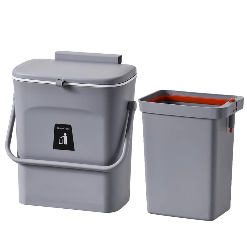 NEEMAY 9L Kitchen Hanging Trash Can with Built-In Bin, Lid, and Handle - Gray - Image 1