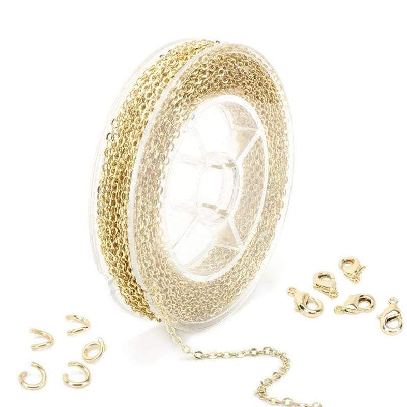 ALEXCRAFT 33 Feet 2MM 14K Gold Plated Cable Link Chain Rolls for Jewelry Making with Lobster Clasps and Jump Rings TarnishResistant