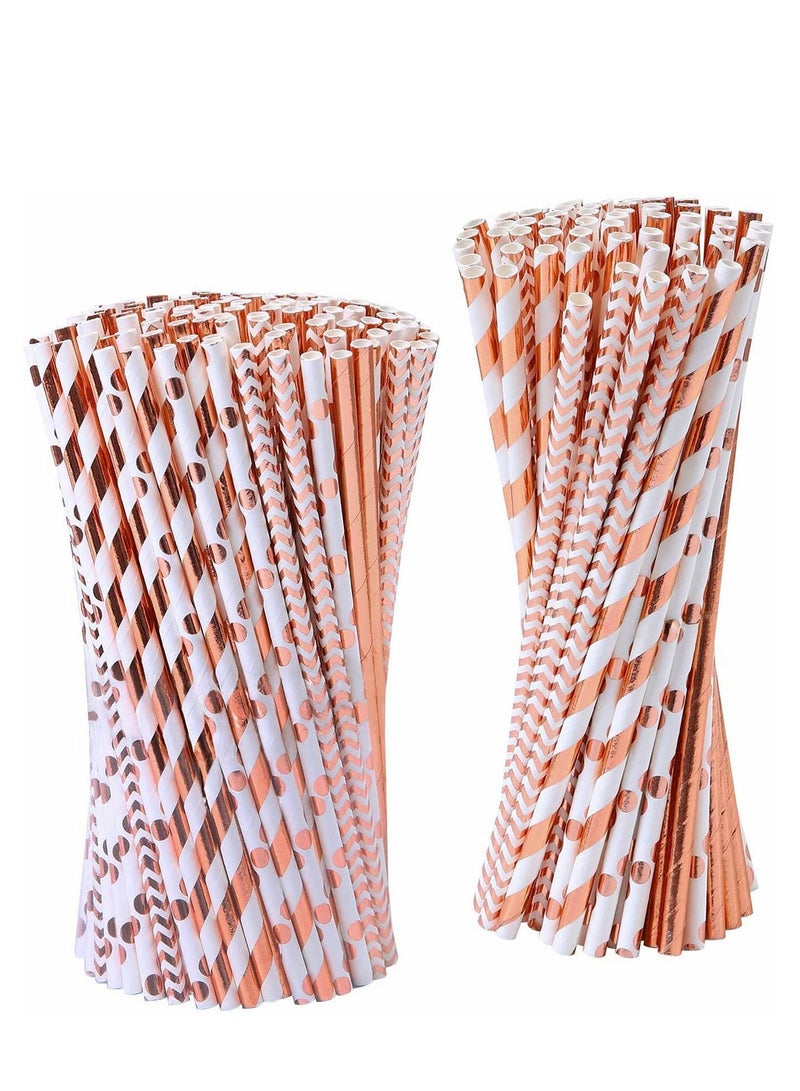 NIBEMINENT Paper Straws, Disposable Drinking Straws Biodegradable Foil Rose Gold Striped and Solid for Party Wedding Celebrations Decorations - Image 1